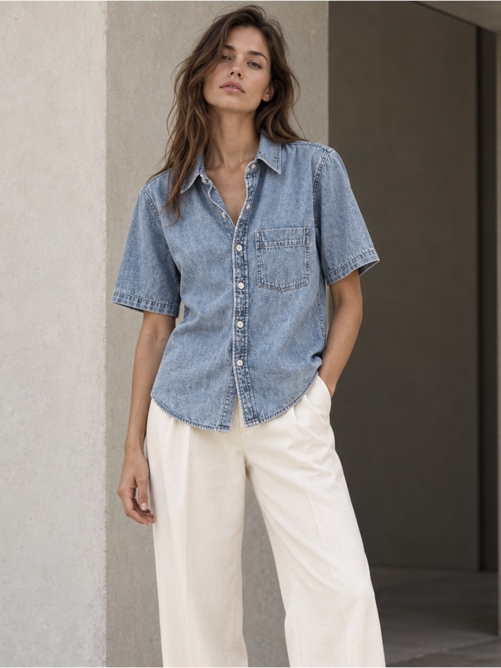 ARITZIA Denim Forum 90s Vintage Short Sleeve Denim Shirt Blue Size XS